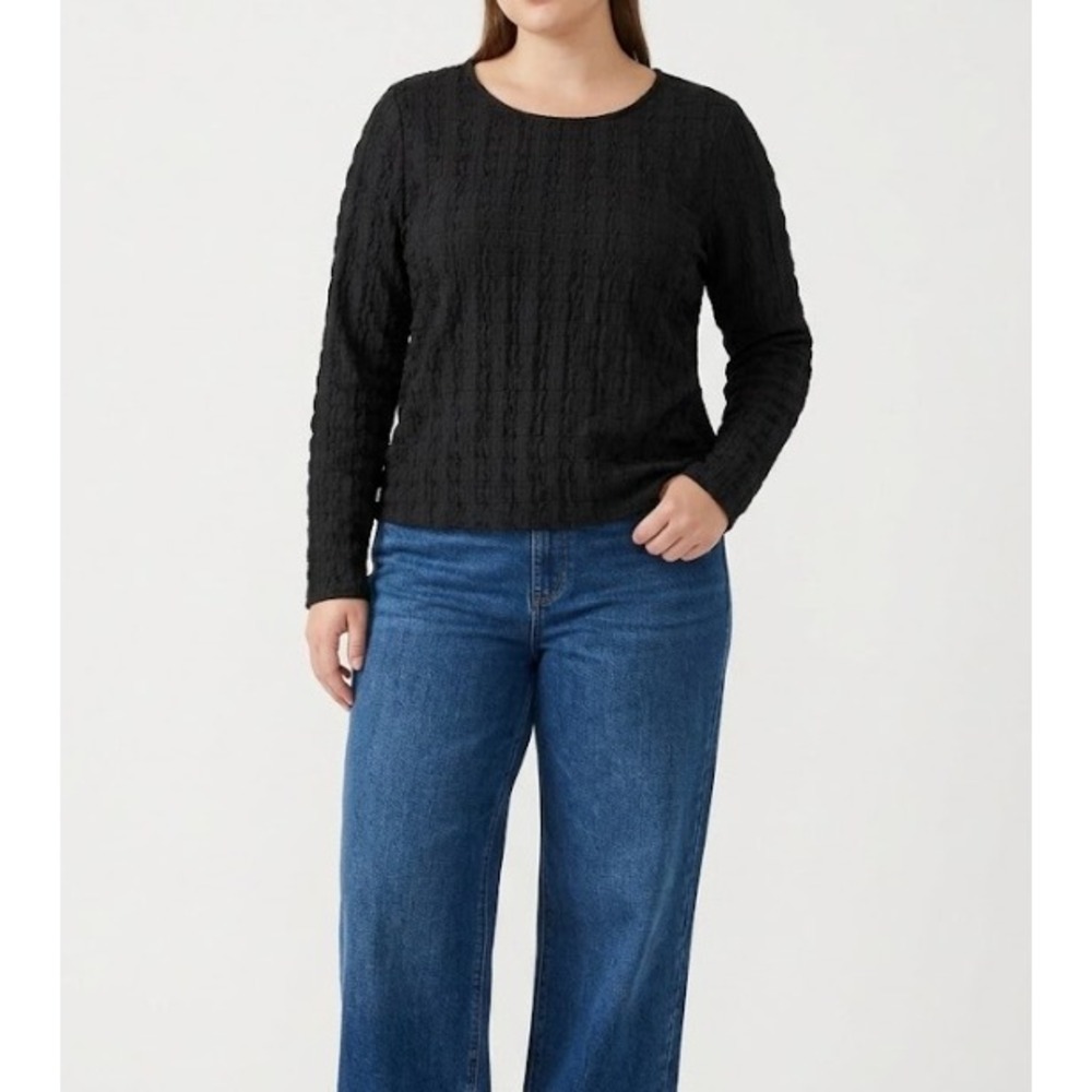 New LOFT Top Large Textured Long Sleeve Black Crinkle Stretch Neutral Minimalist